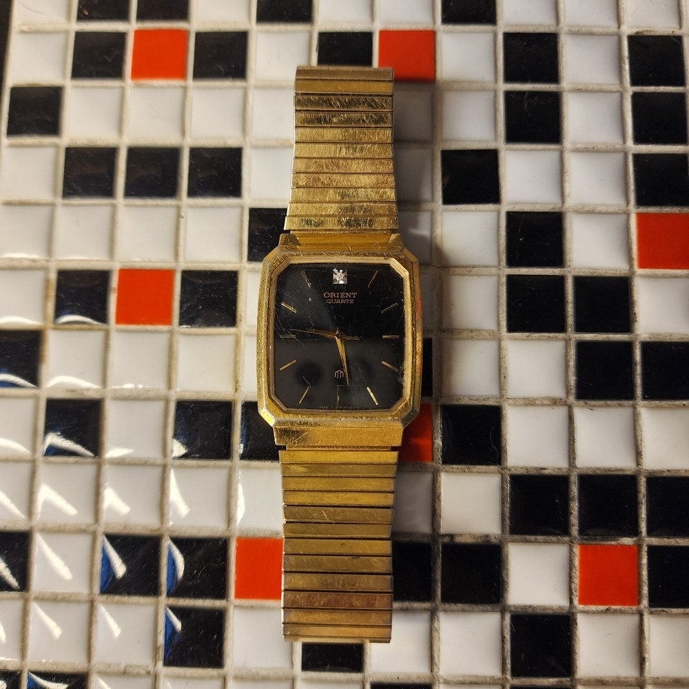 Vintage Diamond Orient Watch Black Face Gold Finish Flexible Stainless **PARTS**
