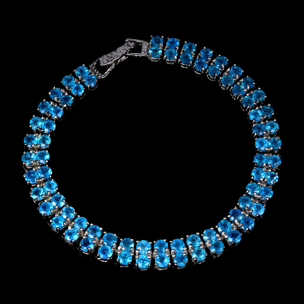 925 Sterling Silver Bracelet Round Blue Opal Natural Gemstone Jewelry 7.5inches
