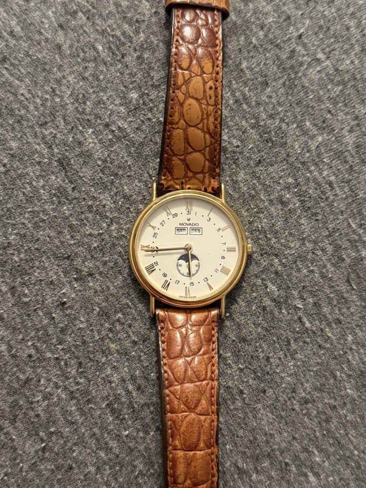 Movado Second Quartz Moon Phase Wristwatch Brown Leather Gold Steel Case