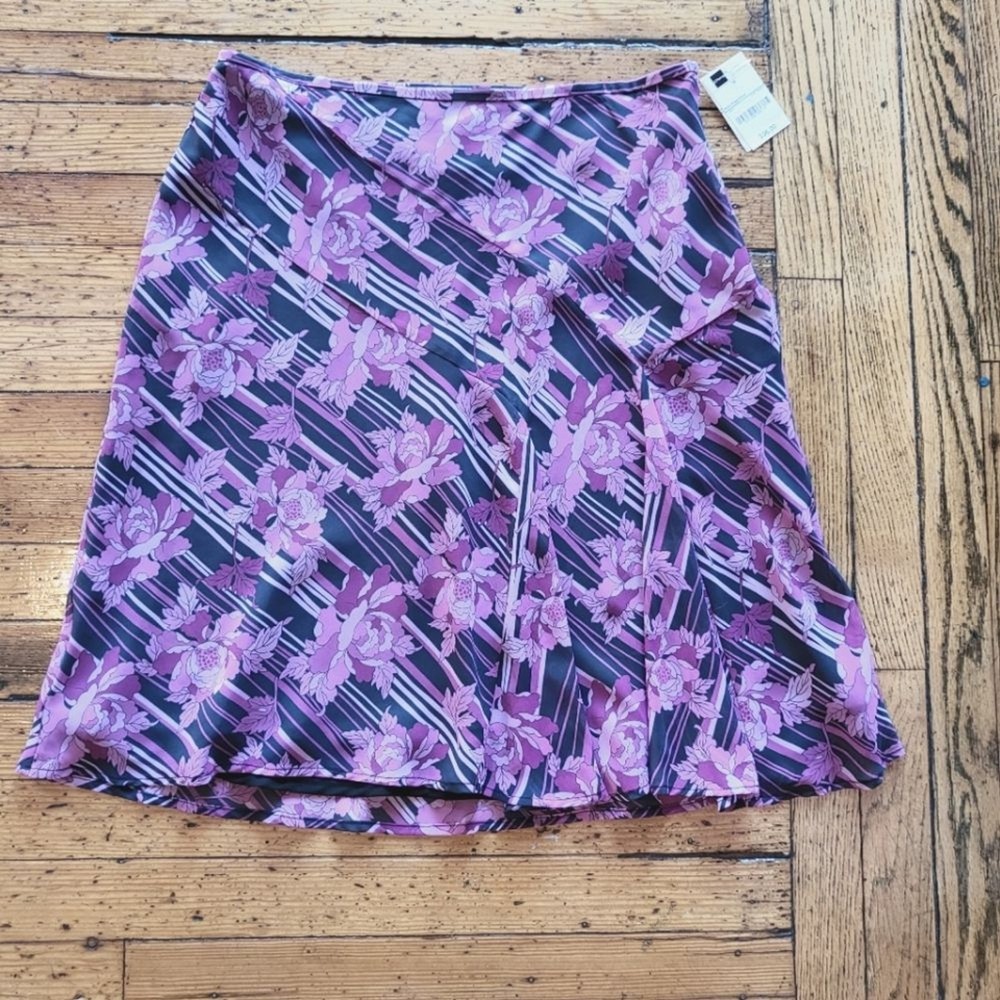Worthington Floral and Striped Print Midi Polyester Skirt Pink and Black Size 14