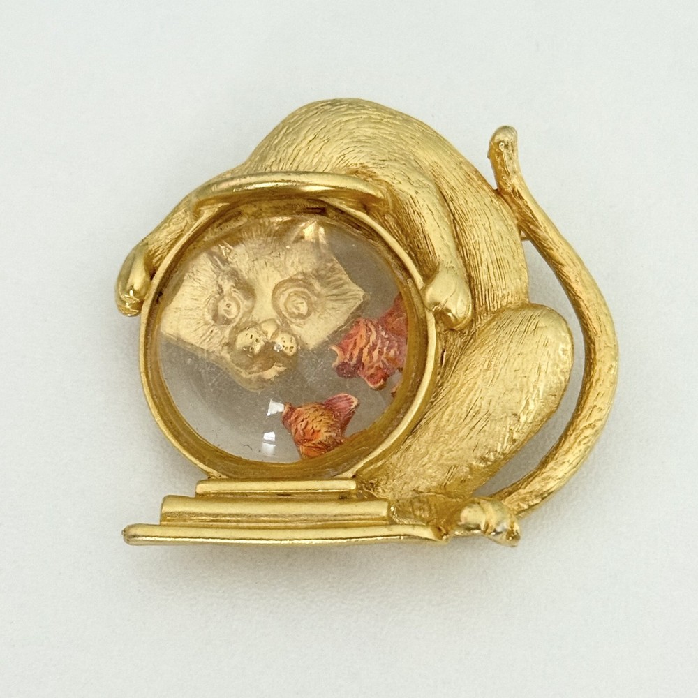Vintage JJ Jonette Jelly Belly Kitty Cat Fish Bowl Brooch Pin Signed