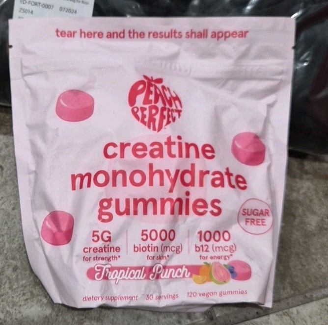 Peach Perfect Creatine Monohydrate Gummies, 120 tropical fruit gummies. Exp 6/27