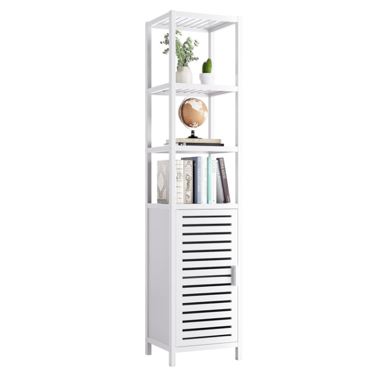 White Tall Bamboo Storage Cabinet with 6 Shelves and Door - Floor Standing Organizer