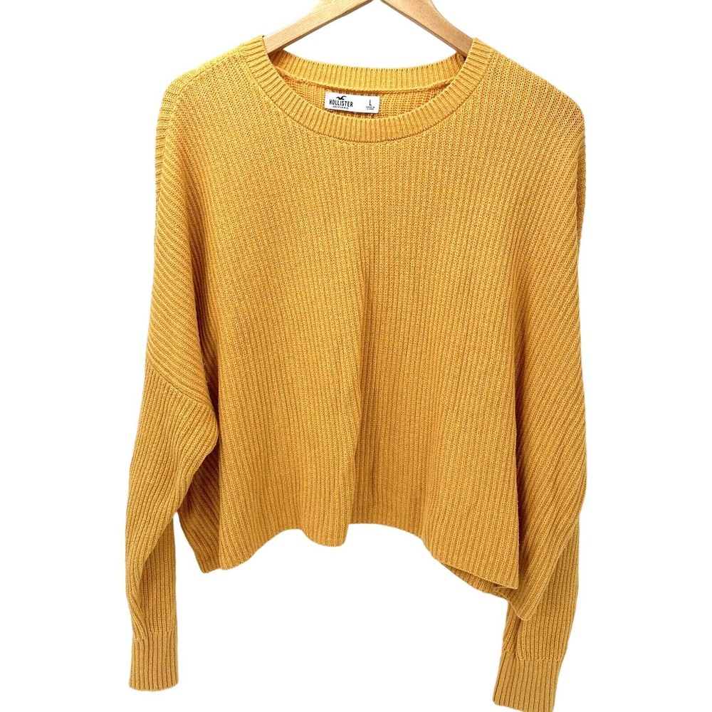 Hollister Sweater Womens Large Yellow Knit Cropped Long Sleeve Pullover