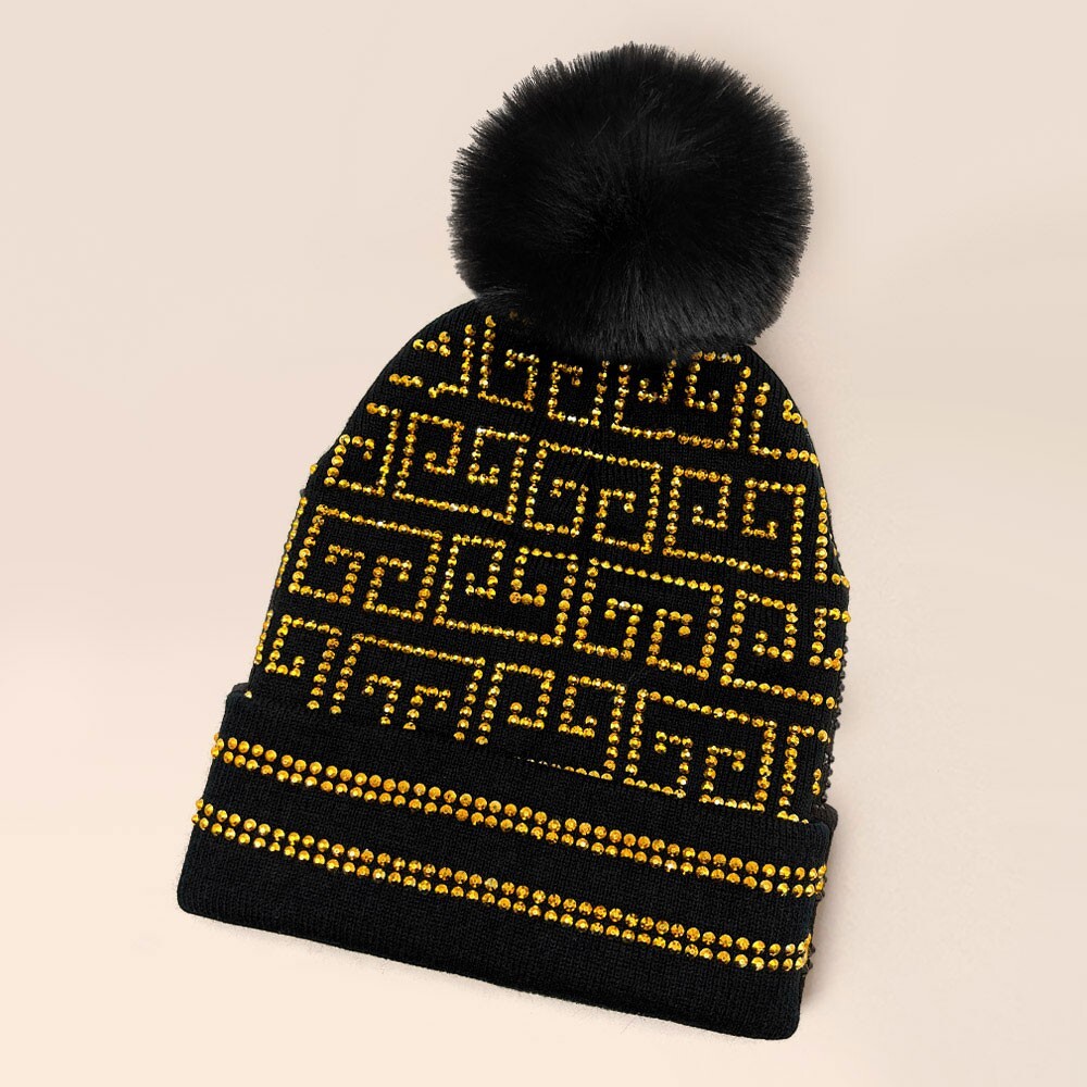 NWT Black Gold Studded Greek Key Geometric Pom Pom Beanie Hat