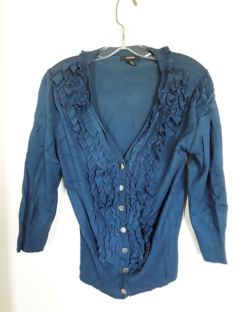 Alfani Womens Medium Teal Ruffle 3/4 Sleeve Cardigan Sweater