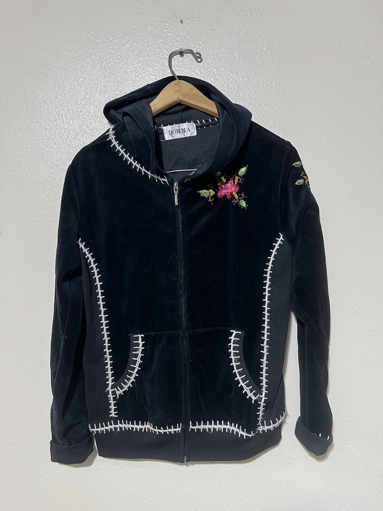 Vintage Y2K Women’s Suede Embroidered Zip-Up Black Hoodie Size Large 2000s VTG
