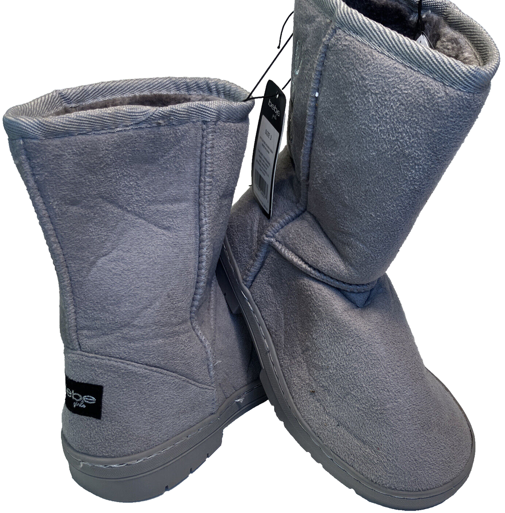 BEBE Girls Faux Fur Winter Boots Gray Grey Sz 3 Cozy Microsuede Walker Warm NEW