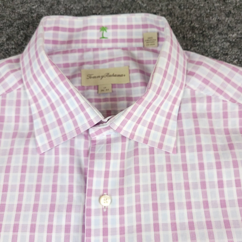 Tommy Bahama Shirt Mens 17 Pink Check Business Casual Office Long Sleeve