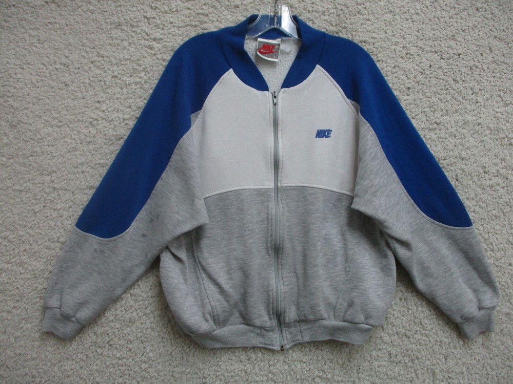 VINTAGE Nike Sweater Track Jacket Large Adult Gray Blue Full Zip Pockets Men 80s
