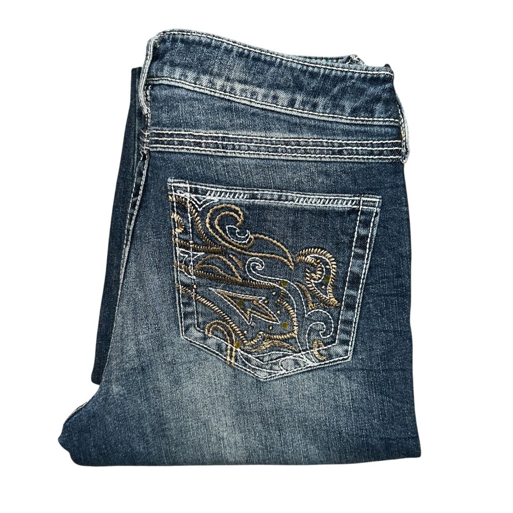 Wrangler Rock 47 Junior Bootcut Jeans Embroidered Ultra Low Rise Blue Size 9 34
