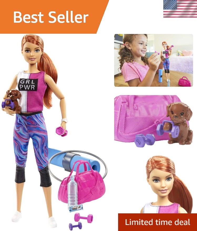Doll, Red-Haired Fitness Doll with Puppy & 9 Accessories Including Yoga Mat w...