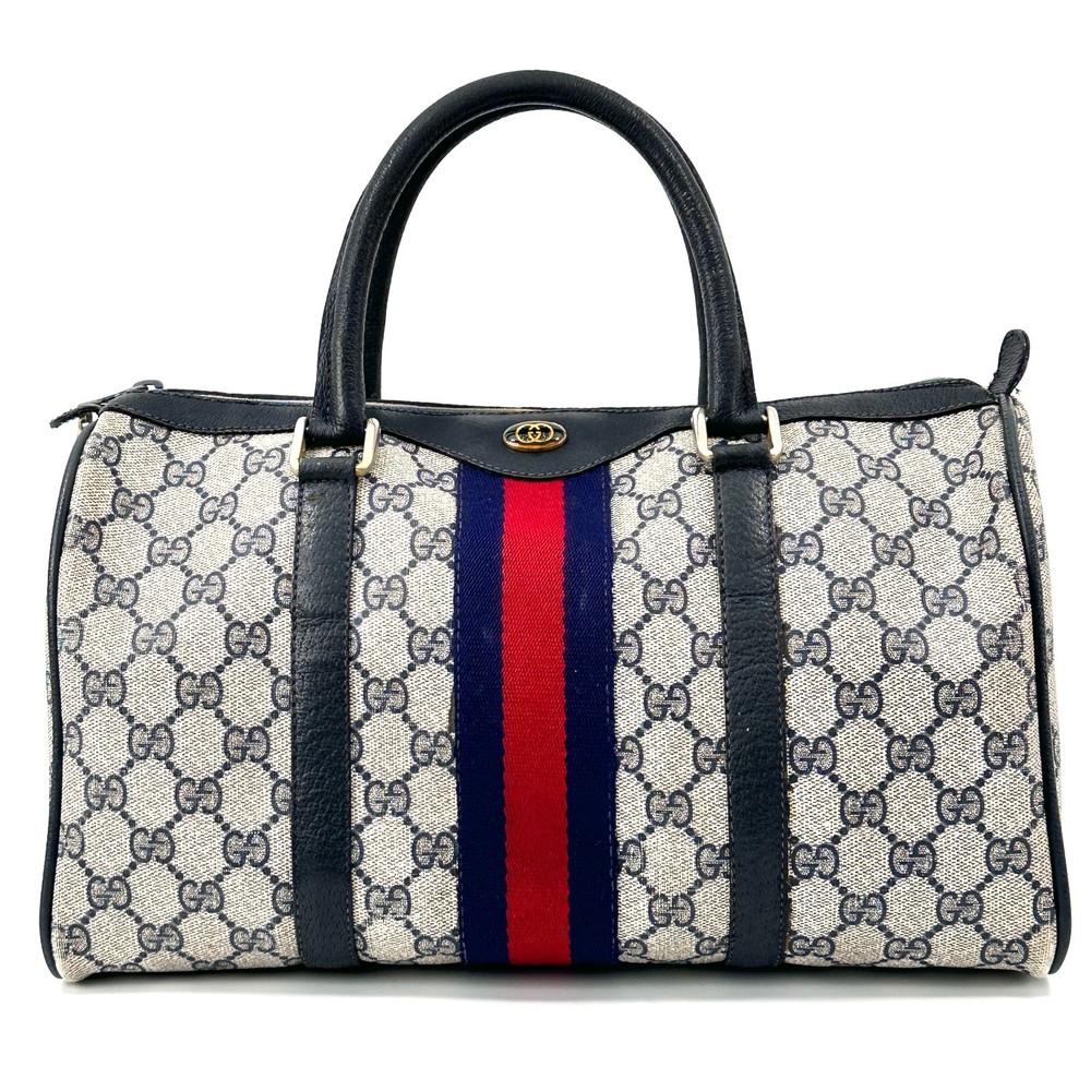 Vintage Gucci  Mini Boston Bag GG Supreme Sherry Line PVC Leather Navy Authentic