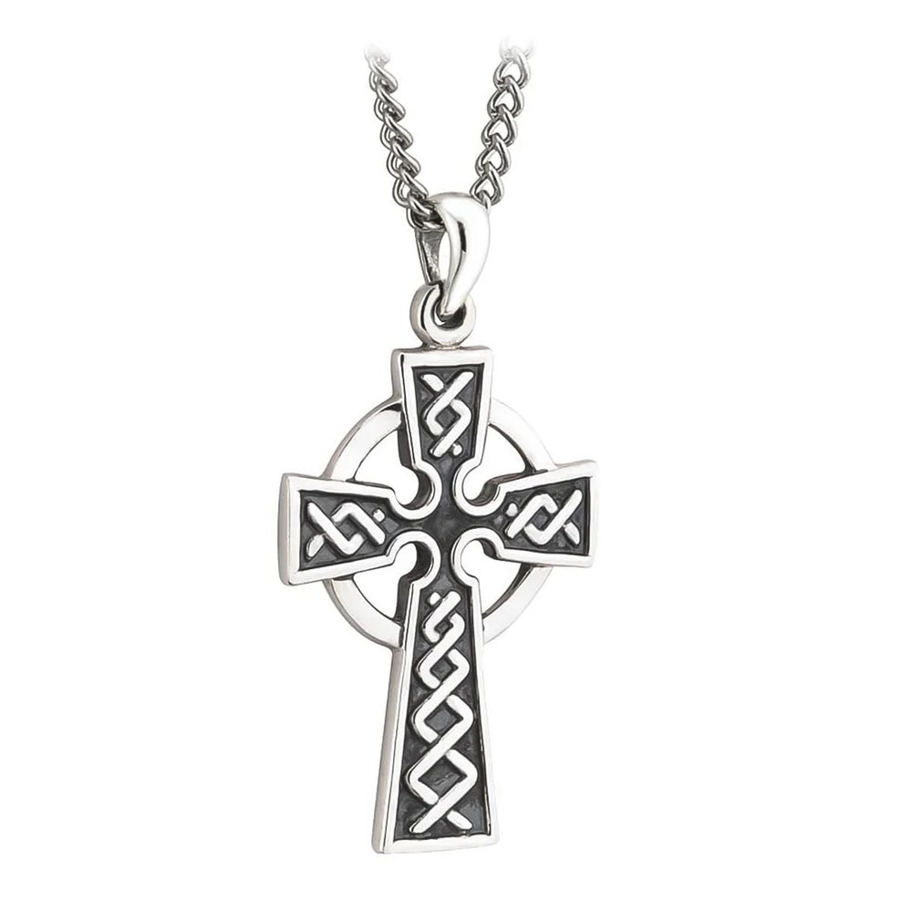 925 Sterling Silver Men's Celtic Cross Necklace, Black Oxidized Patina Detail...
