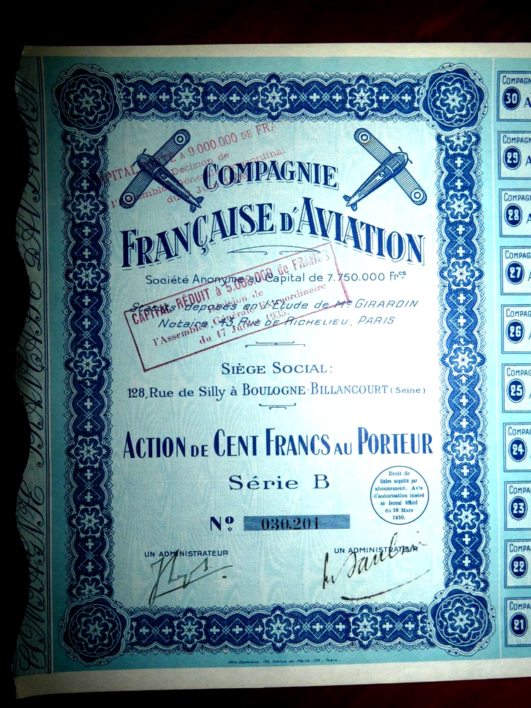 Compagnie Française d´Aviation 1930  Share certificate