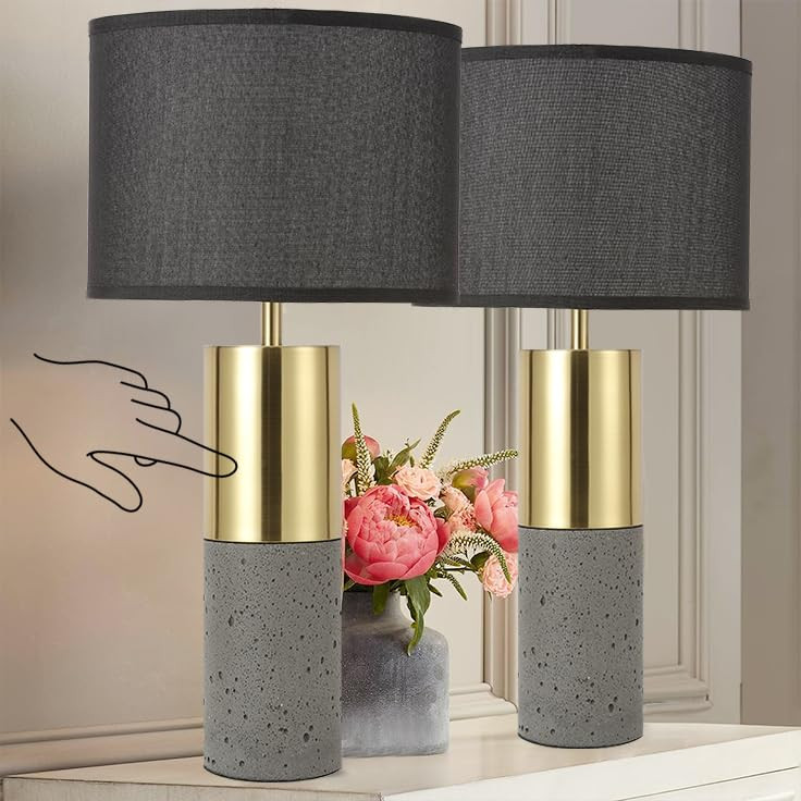 24-Inch Black Gold Nature Concrete Touch Control Lamps Set of 2