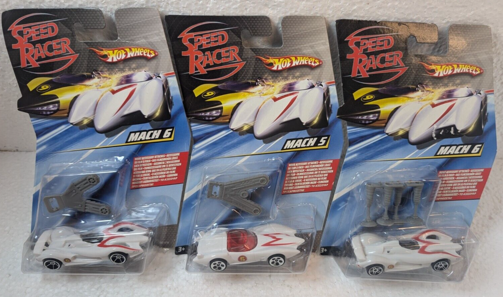 3 2007 Hot Wheels Speed Racer Mach 5, 6 W/ Movie Accessory New cards not perfect