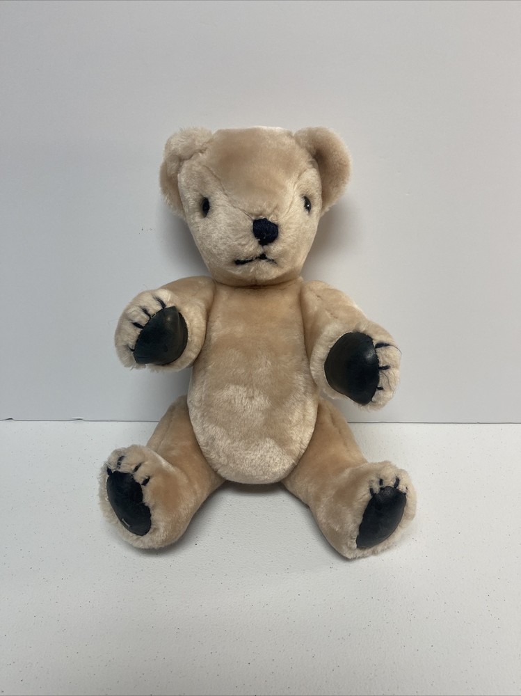 Black Leather Paws Bear Plush 14 inch Jointed Arms Legs Swivel Head Tan