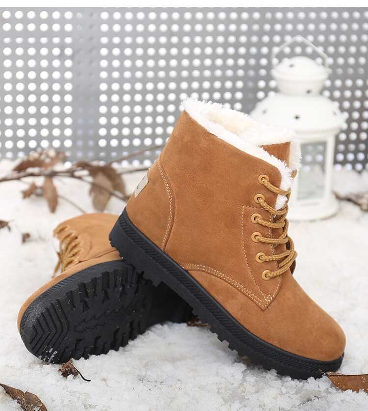 Women's Winter Snow Boots Suede Fur Lined Warm Lace-Up Ankle Booties Round Toe