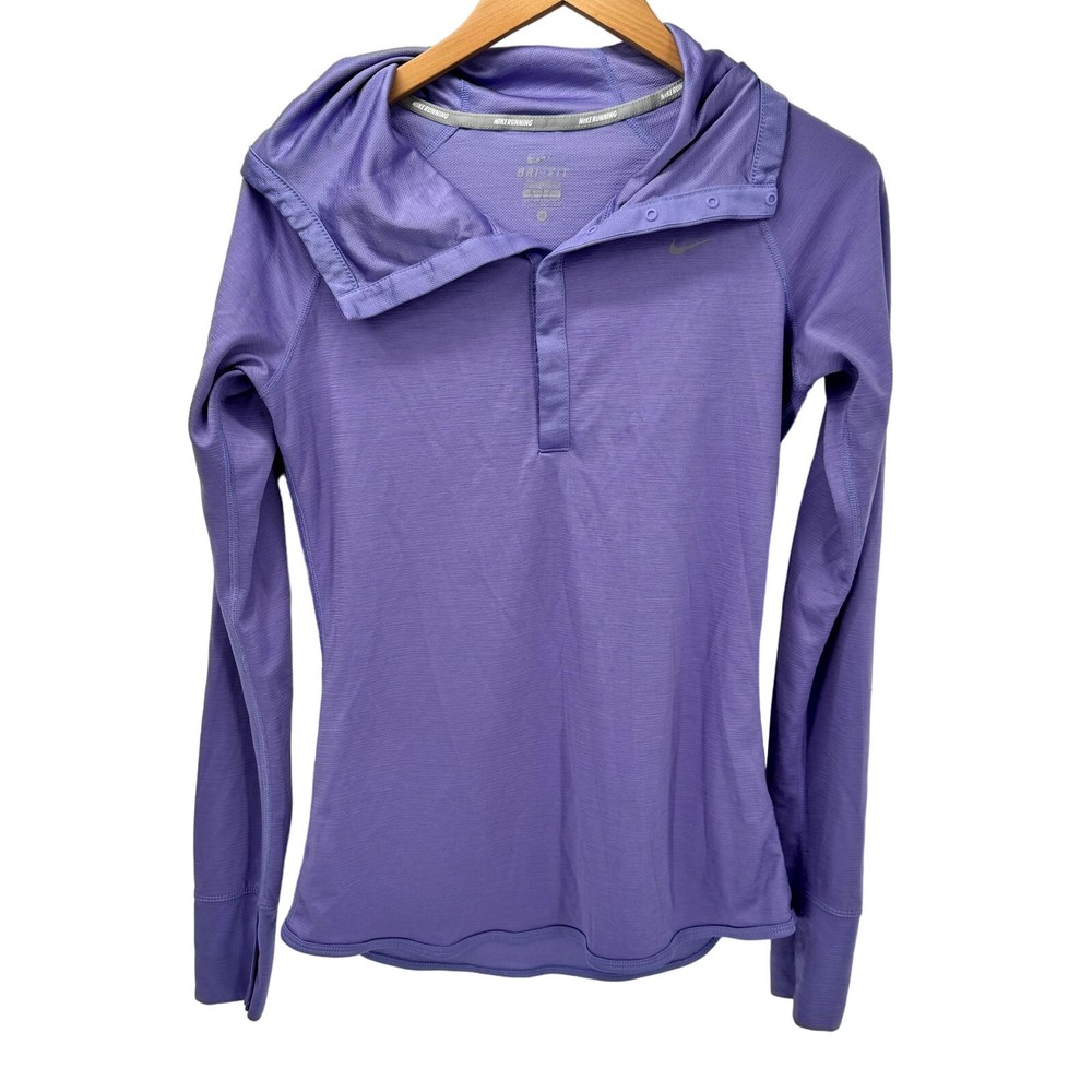 Nike Running Hoodie Womens Medium Purple Pullover Snap Neck Dri Fit Thumbholes