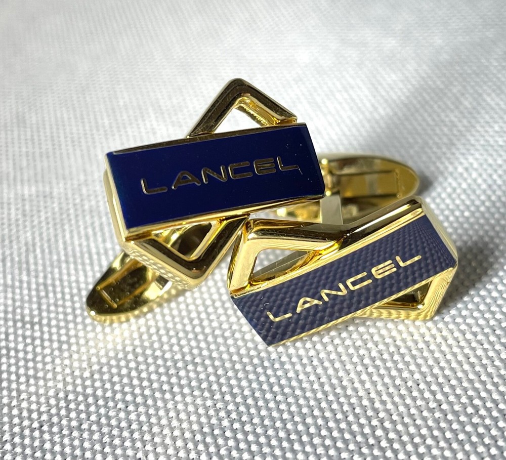 Elegant Lancel Brand Logo Gold & Dark Navy Cufflinks for Men