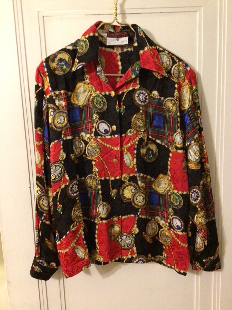 Vintage 80’s Saks Jerri Sherman Silk Baroque Jewels Women’s Blouse Shirt Size 10