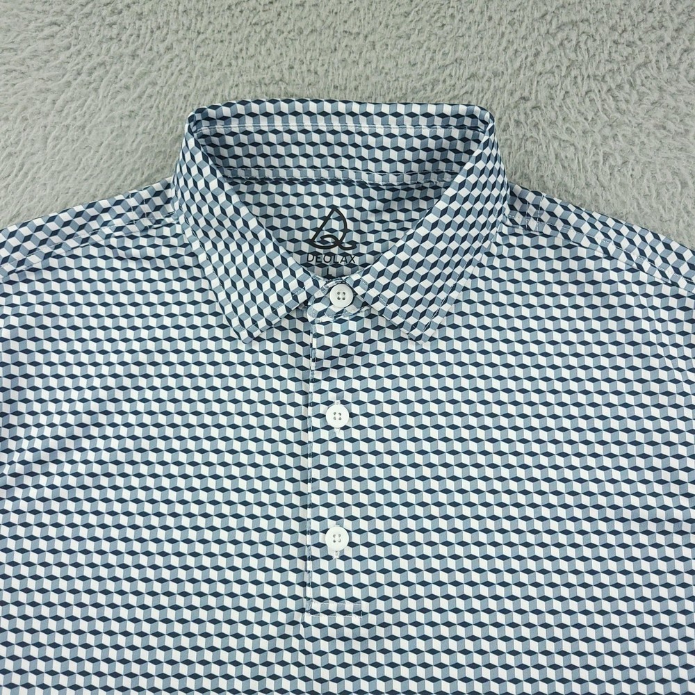 Deolax Polo Shirt Mens Large Blue White Geometric Print Performance Golf