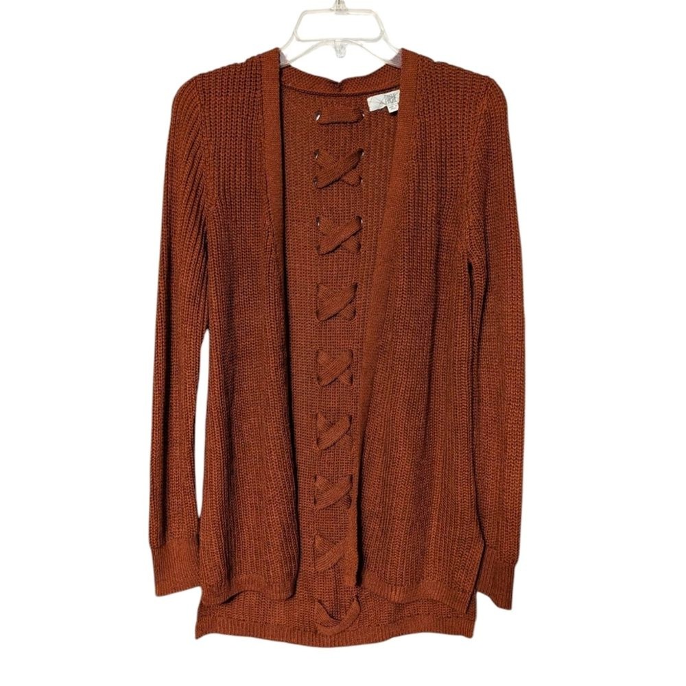Pinque Rustic Orange Open Knit Cardigan Lace Up Back Details Size Small NWOT