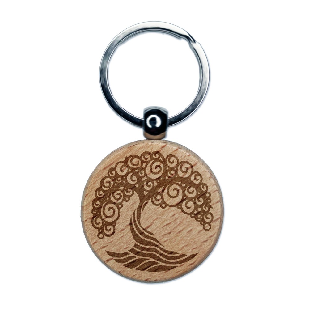 Abstract Tree of Life Wooden Keychain Charm with Engraved Design  
