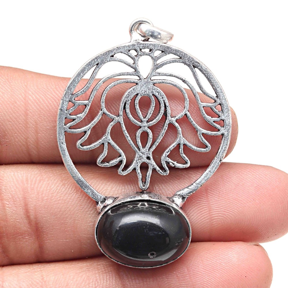 Black Spinal Gemstone Silver Pendant Valentine's Day Jewelry Gift 2 Inch