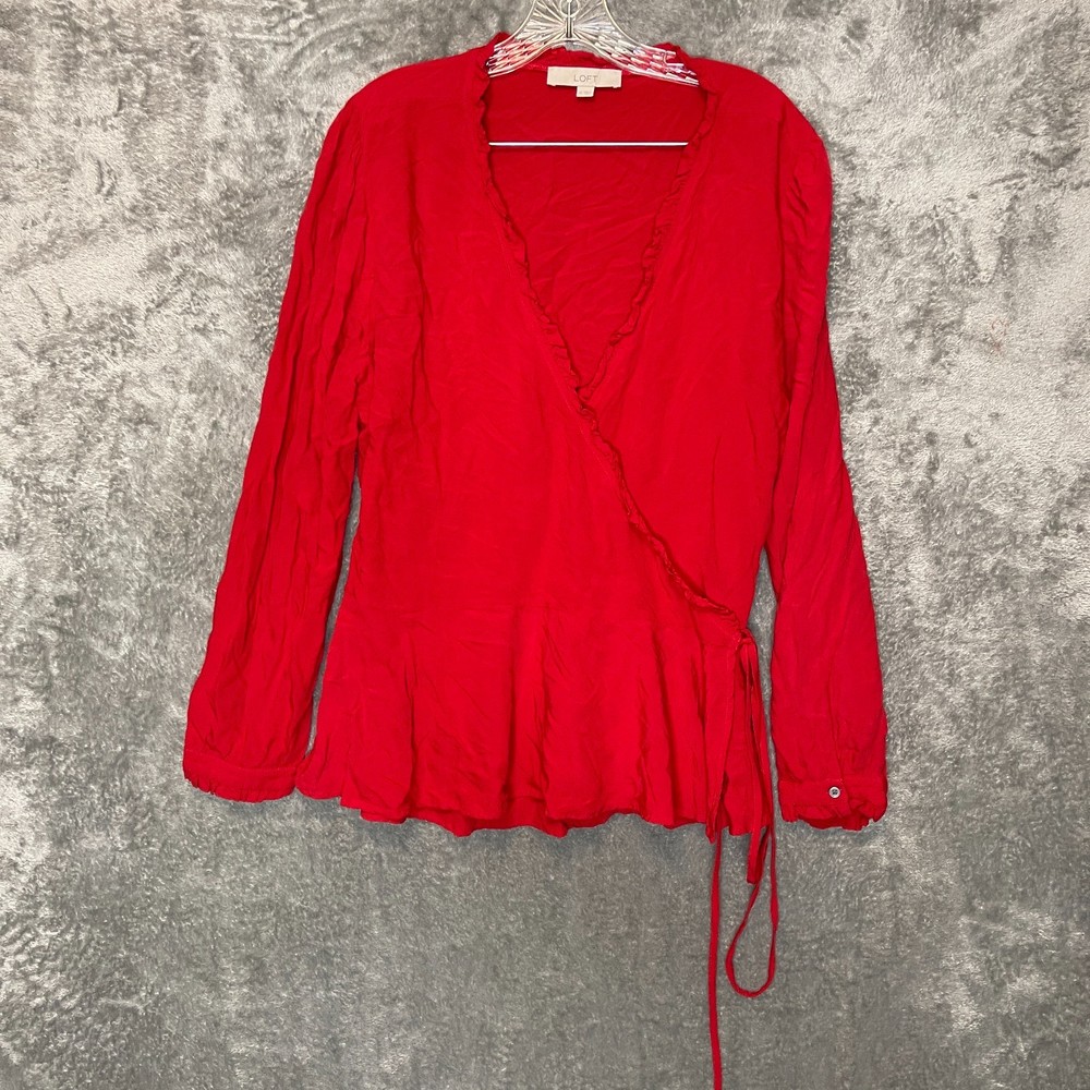 LOFT Women Bright Red Rayon Ruffle Trim Peplum Wrap Long Sleeve Top XL