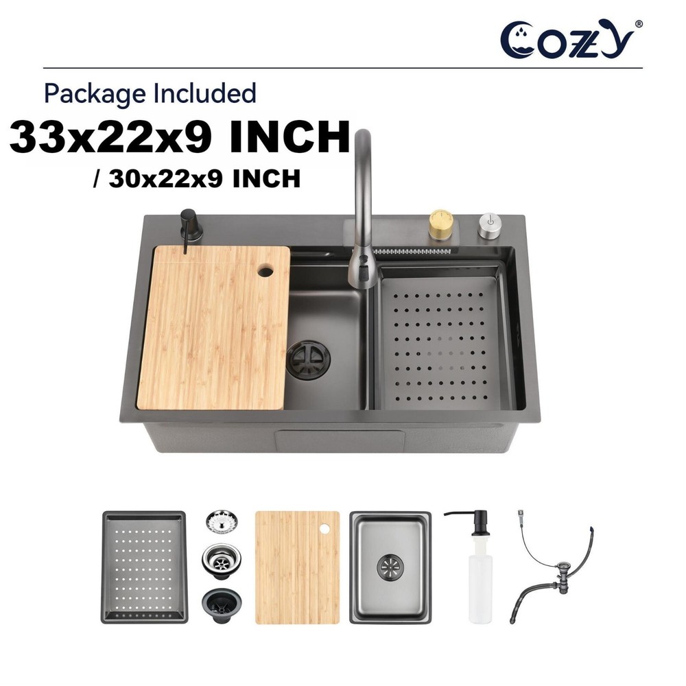 Multifunctional Overmount Sink with Pull-down&Waterfall Faucet&Cutting Board