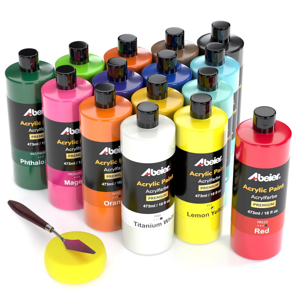 Large Bulk Acrylic Paint Set, 15 Colors (473 ml/16 fl oz), Matte Finish, Rich...