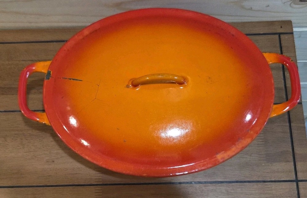 Vintage Descoware Orange Flame Belgium Enameled Cast Iron Oval Dutch Oven 12 3-C