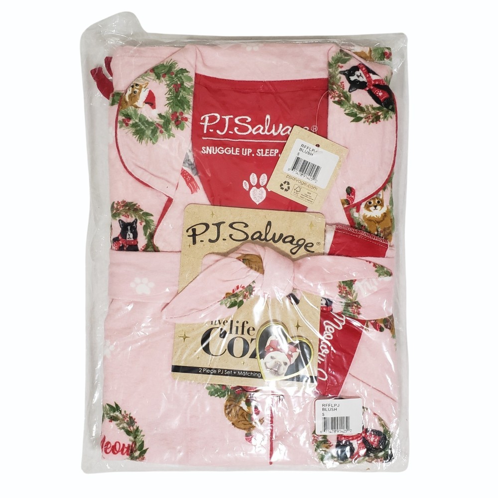 PJ Salvage Womens Cat Print Flannel Christmas Pajamas Small Blush Pink Holiday Set