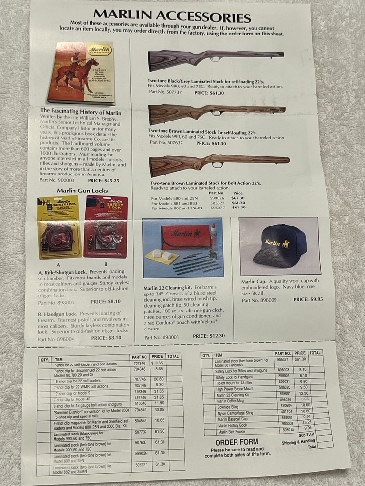 VINTAGE MARLIN GUN ACCESSORIES FLYER BROCHURE CATALOG 1980'S OR '90'S ?
