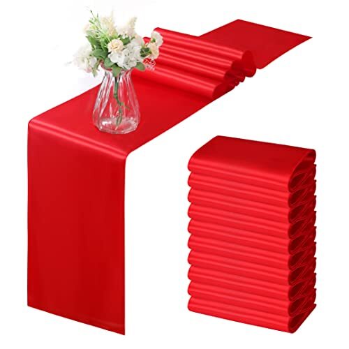 12 Pack Red Satin Table Runner 12 x 108 Inch Smooth Table Runners for Wedding...