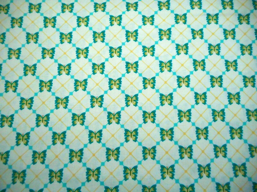 Quilt Fabric By The Yard Turquoise & Green Butterflies Ivory Premium Cotton #C