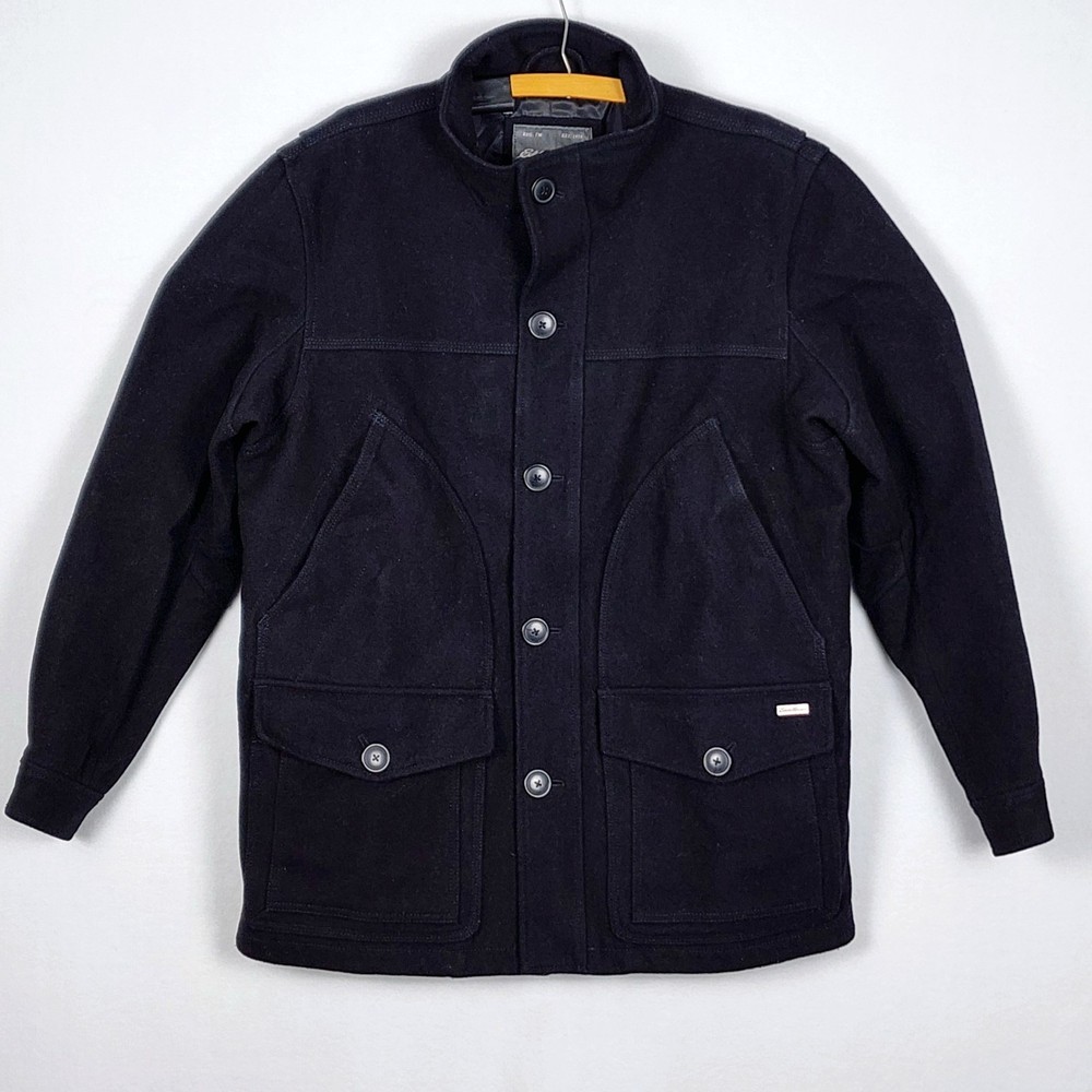Eddie Bauer Black 60% Wool Shell Full Zip/Button 4 Pocket Pea Coat Men's L