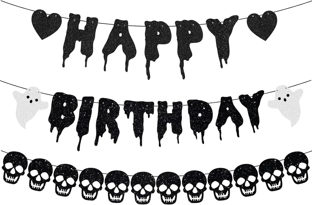 Gothic Black Glitter Halloween Birthday Banner with Skull and Ghost Design  