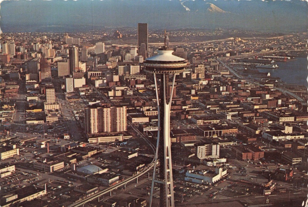 Postcard WA Seattle Space Needle Observation Tower Plaza Hotel Bank Mt. Rainer