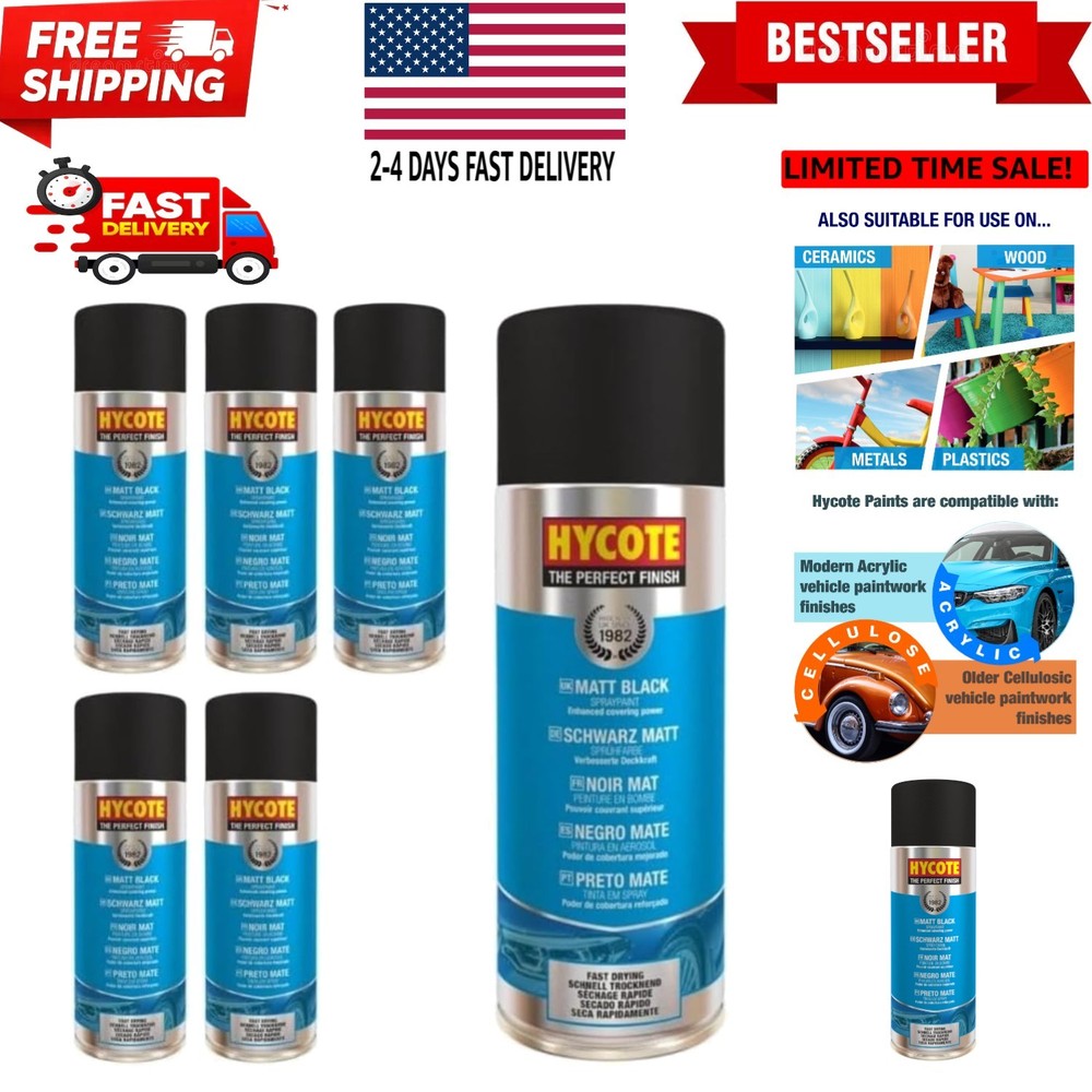 Black Spray Paint, Matt Black 13.5 Oz Pack of 6 – Flat Non-Reflective Acrylic...