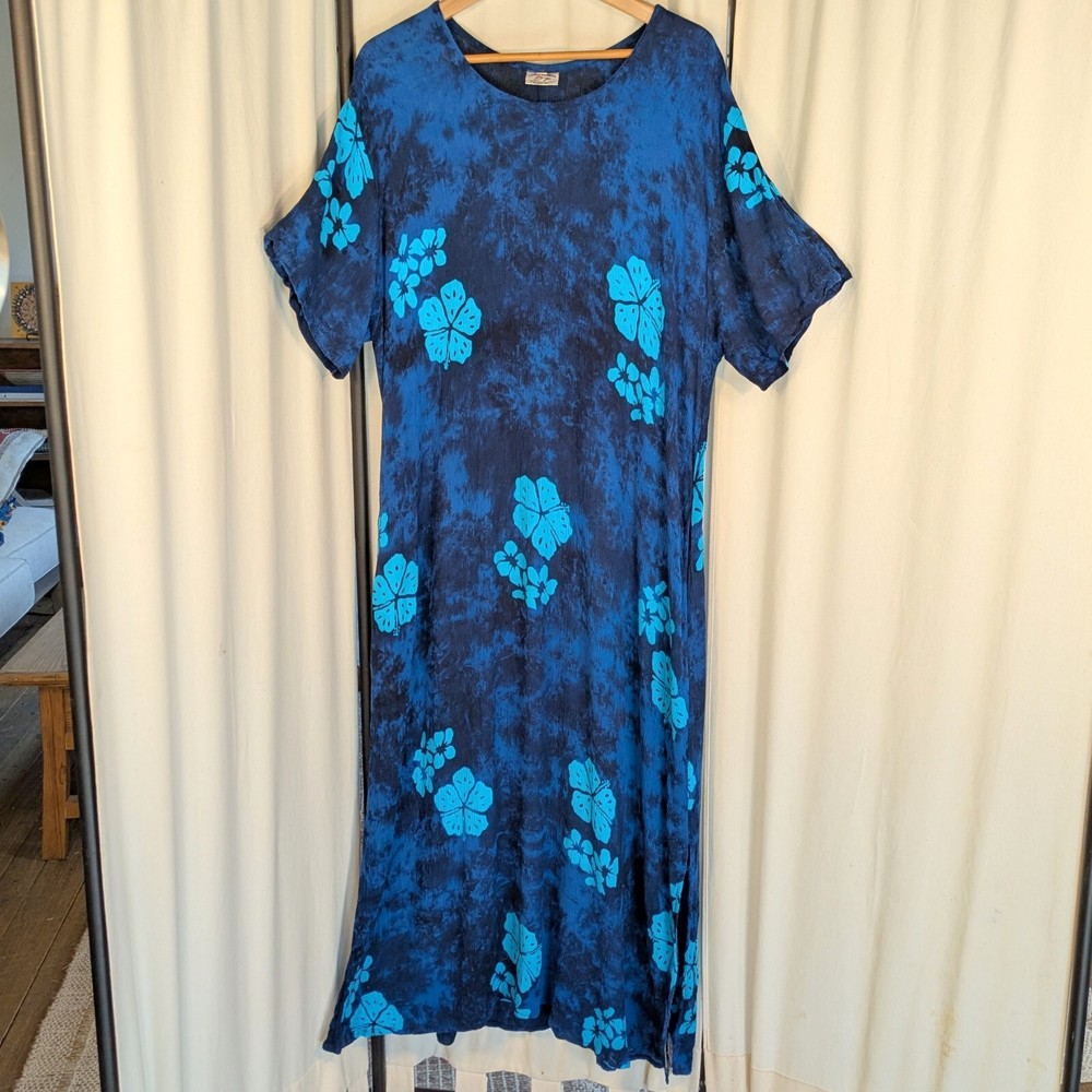 Young Fashion XXL Crinkle Rayon Maxi Hawaiian Caftan Coverup Hibiscus Boho