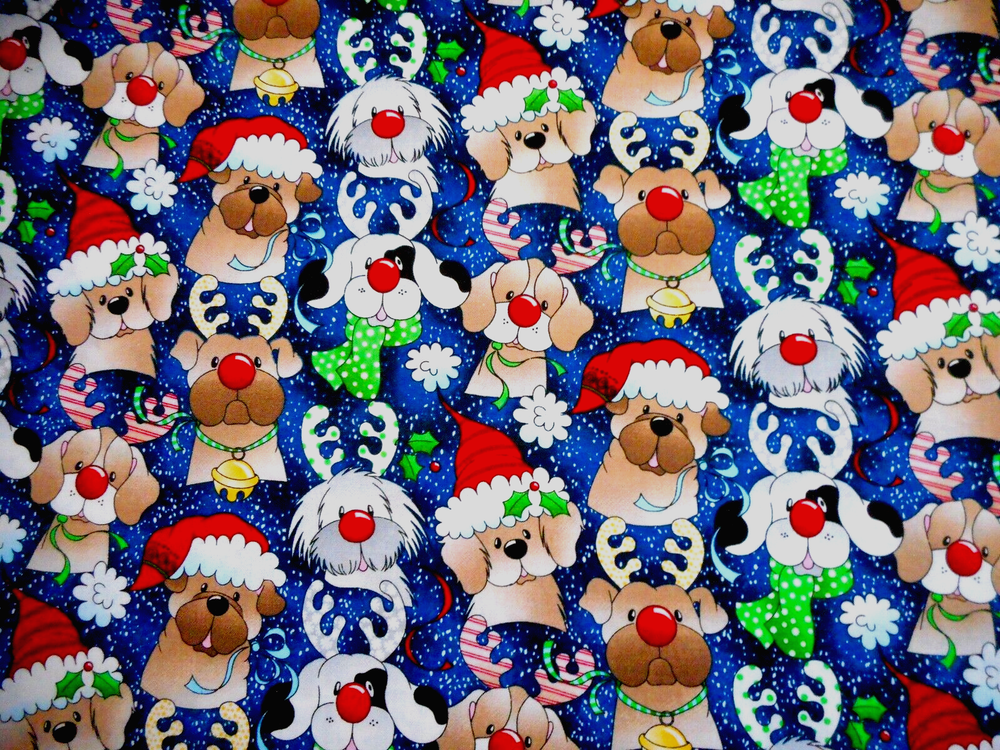 Christmas Fabric By Half-Yard Puppy Dogs in Xmas Hats Dk Blue Premium Cotton #35