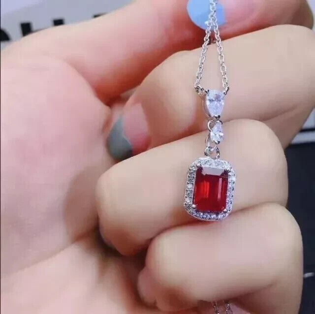 3Ct Emerald Cut Simulated Red Ruby Halo Women's Pendant In 14K White Gold Plated