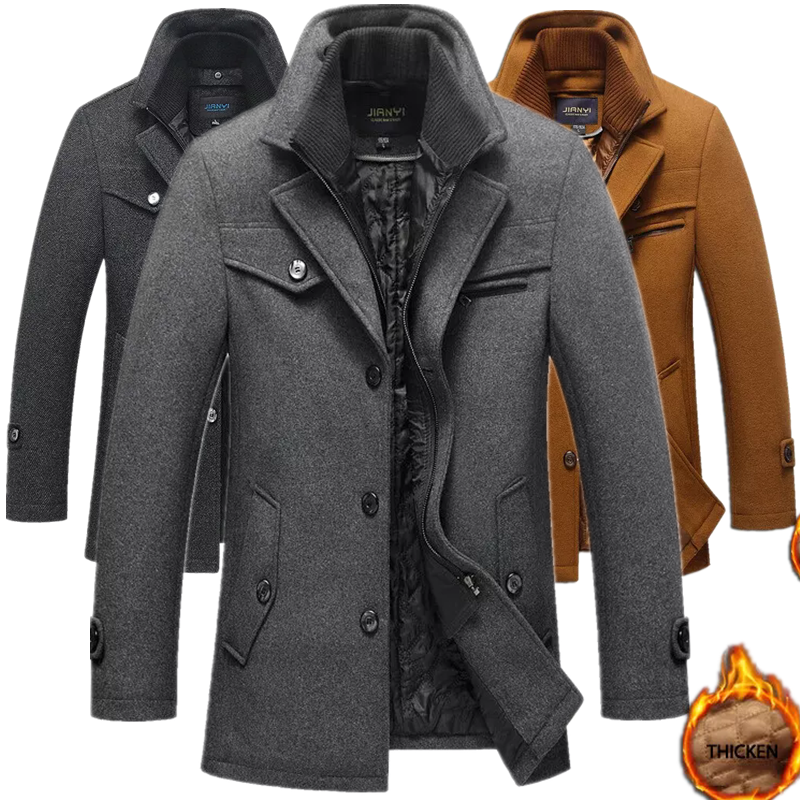 2024 Mens Wool Pea Coat Winter Warm Trench Overcoat Outwear