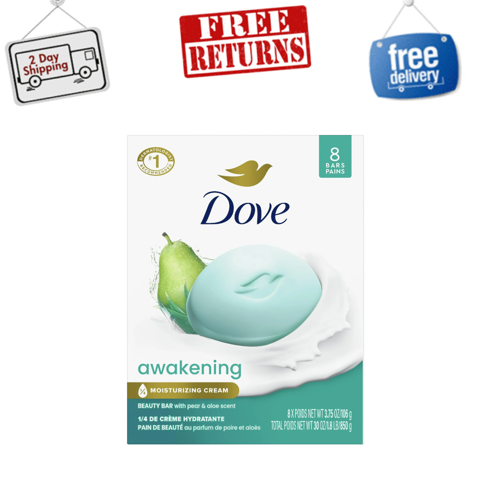 Dove Awakening Gentle Beauty Bar Soap All Skin Type, Pear & Aloe, 8 Bars,3.75 Oz