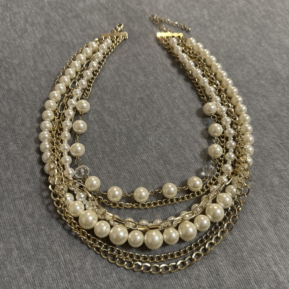 Vintage Multi Strand Gold Tone Chain Faux Pearl Crystal Statement Bib Necklace