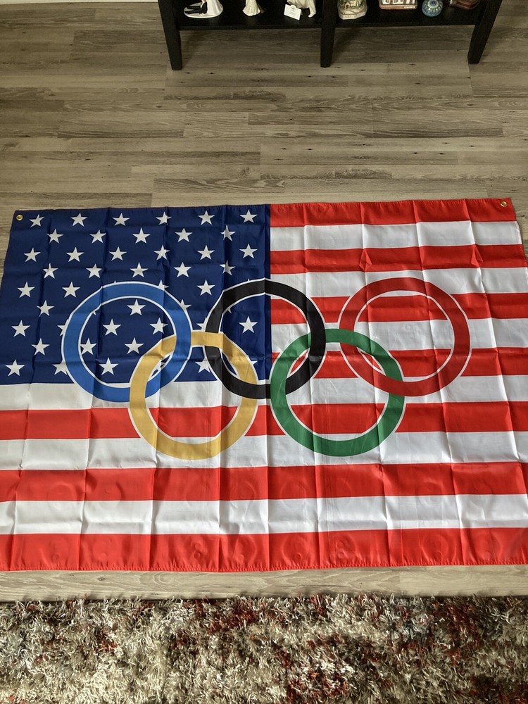 Olympic Rings USA Patriotic Yard Banner Flag 69x48 Inches for Fence Decor