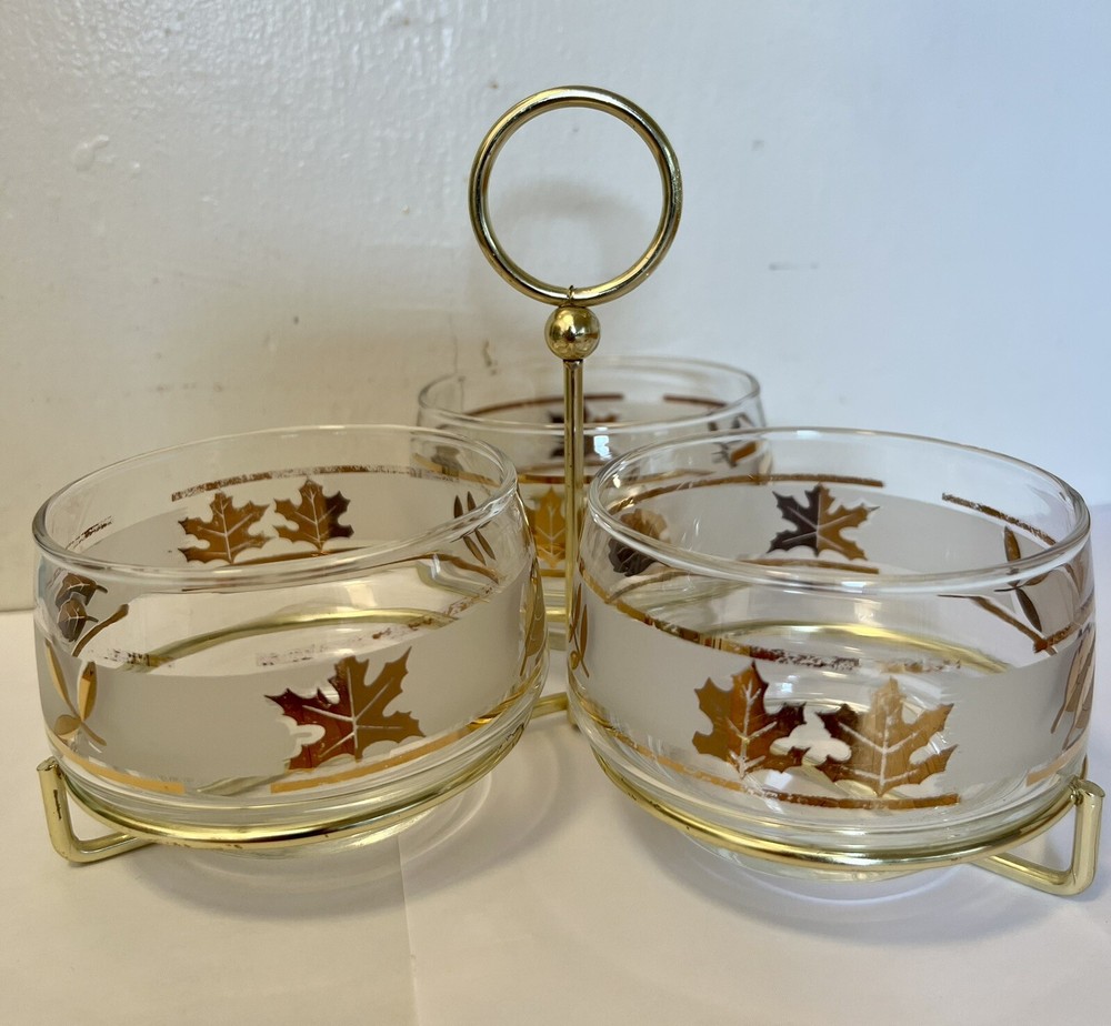 Libbey Golden Foliage Leaf Appetizer Caddy Set with 3 Bowls